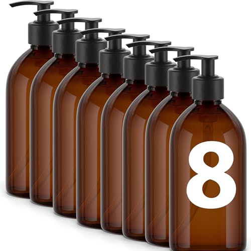 Essenciales Dispensador de Gel y Champu Baño 500ml - 8 Botellas de Plástico Rellenables y Recargables Ideales para jabón, loción y champú