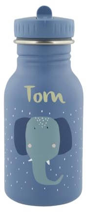 Trixie Gourde pour enfant personnalisée avec nom, design éléphant 350 ml, en acier inoxydable, anti-fuite, bouchon adapté aux enfants, sac à dos en option