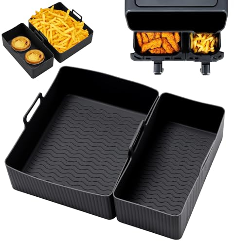 Anttyscar Reusable Air Fryer Silicone Liners for Tefal Easy Fry 5.2L/3.1L,Tower T17099 5.2L/3.3L,Lakeland 5L/3L,Salter 5.5L/3.5L,Two Sizes Airfryer Trays, Dual Drawer Air Fryer Accessories,Black