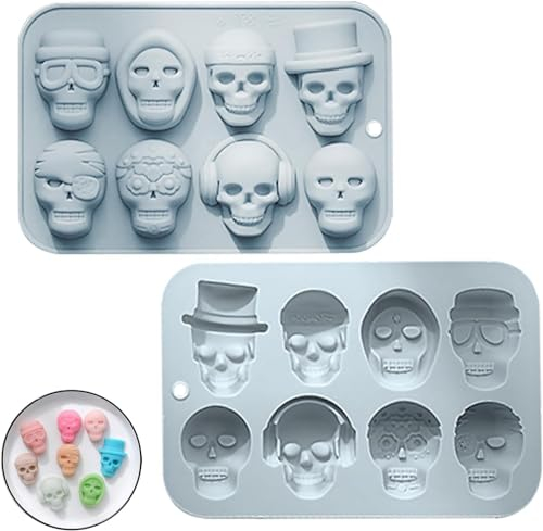 2 Piezas Moldes Gominolas Silicona Calaveras, Moldes de Silicona para Caramelos de Calavera, Halloween Molde de Silicona 8 Cavidades Moldes, para Dulces Chocolate Gelatina (Azul, 18.7 * 12.7 * 2cm)
