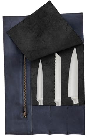 Full Grain Handmade Waxed Blue Leather Knife Storage Roll, Tool Holder, Leather Knife Roll Bag,Handcrafted Chef Birthday Gift, Chef Case Knife Storage Roll(3 Pockets)