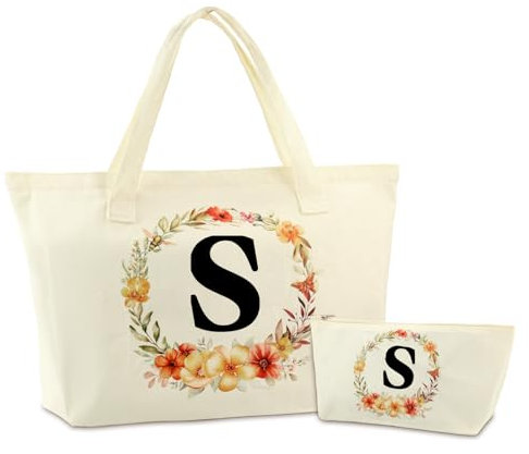 Wzczf Initialen Baumwolltasche Canvas Tote Bag, Canvas Einkaufstasche mit Reißverschluss, Geschenk für Frauen Mama Brautjungfer Geschenk für Geburtstage, Hochzeit,Weihnachten（S）