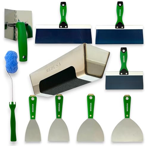 Medusa's Carbon and Blue steel Drywall Taping kit with S.S. Adjustable Angle Tool, Corner Roller and S.S. Mud Pan with Grip Note to Beginners All Carbon & Blue Steel will Rust