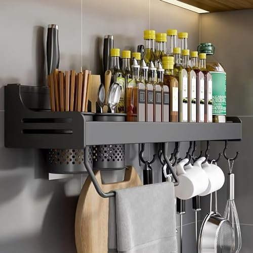 ZOKT Black Wall Mounted Spice Rack with 60cm Storage, Kitchen Utensils Holder
