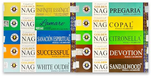 Lamare by Vijayshree Golden Nag Räucherstäbchen 180 g – 12 Packungen à 15 g – Aromatherapie – Meditation – Yoga – Umweltfreundliche Verpackung (Pack 10)