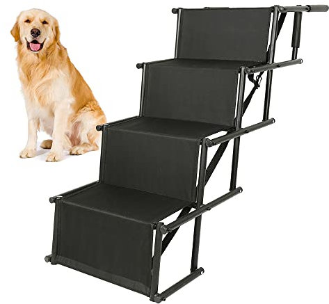 OHMG Hundetreppe Auto,Hunderampe Auto klappbar,Einstiegshilfe Hund Auto,Rampe Hund,Treppen/Stufen Für Hunde mit verstellbaren Stufen,Bis 75 kg Für alle Fahrzeuge nutzbar (Schwarz, 45 * 139 * 56-76CM)
