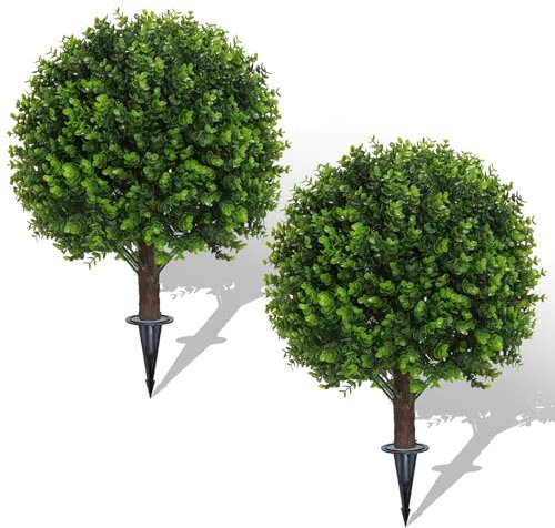 AOKIIE Set of 2 Artificial Boxwood Topiary Ball Bush for Outdoor with Ground Spike 22, UV Resistant Faux Greenery Shrubs, Fake Green Boxwood Plants for Indoor, Garden, Yard, Porch, Patio Decor