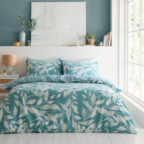 Lions Double Bed Duvet Cover Sets - Printed Leaf Bedding with Matching Pillowcase, Ultra Soft Poly Cotton Reversible Quilt Covers, Poly Cotton, Teal (200x200cm), Easy Care