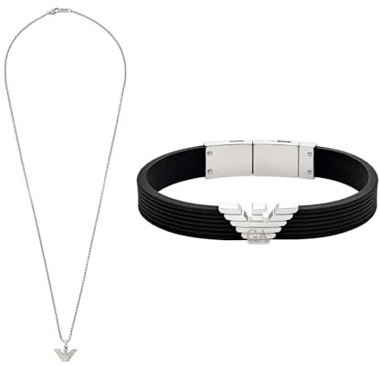 Emporio Armani Herren Silberfarbener Edelstahl Halskette und Armband Silikon, Set