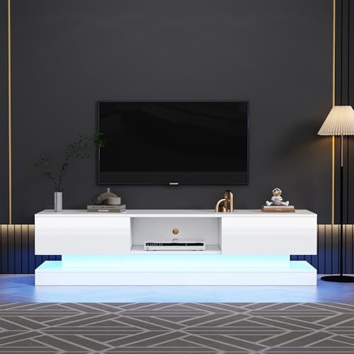 Jaxenor 160cm High Gloss LED TV Stand Cabinet for 70-79 Inch TVs, Media Unit with 16 Colour Lighting, 2 Drawers & Storage Shelves - Modern Entertainment Unit for Living Room