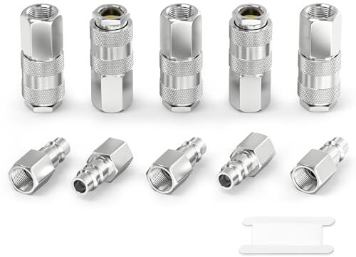GASHER 10PCS 1/4 Inch Air Line Connectors, 1/4 BSP Female Thread Euro Airline Hose Compressor Fittings, Quick Connect Air Coupler Air Hose Fittings,Air Coupler & Air Plug Kit
