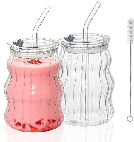 2 Pcs 530ML Ribbed Glass Cups with Lids and Straws – Unique Glasses for Iced Coffee, Vintage Drinkware Wavy Design Iced Coffee Cup,Ideal Wavy Cups with Straws, Bubble Aesthetic, Clear Ribbed Glasses