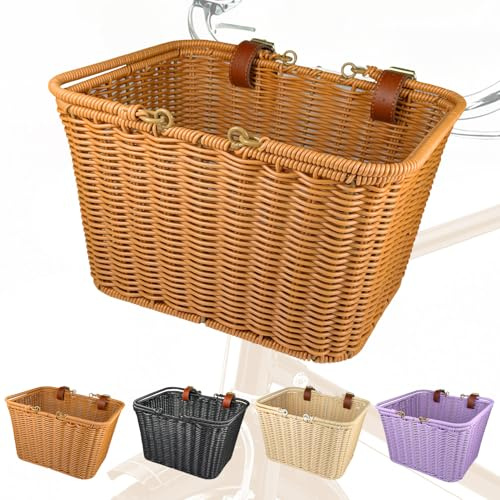 Hand-Woven Wicker Adult Front Bike Basket with Leather Straps