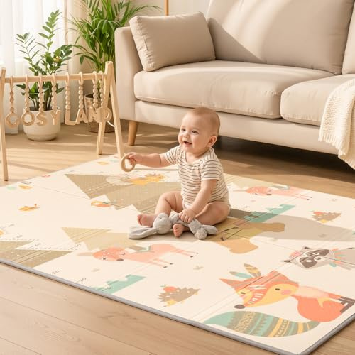 COSYLAND Krabbelmatte Baby Faltbar 120x180x1cm - Doppelseitige XPE Spielmatte Baby mit Schlafenden Tieren & Fuchs Bär Motiven, Weiche Babymatte Spielteppich für Kinder, Babygeschenk