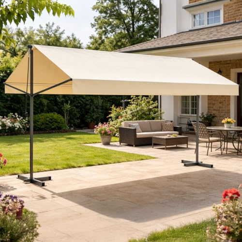 Store Banne ISEO Double Pente Manuel 4x3 m Beige Toile Hydrofuge | Structure autoportante 4 bras acier, pieds en croix, manivelle fluide, lambrequin, abrite soleil et petites averses