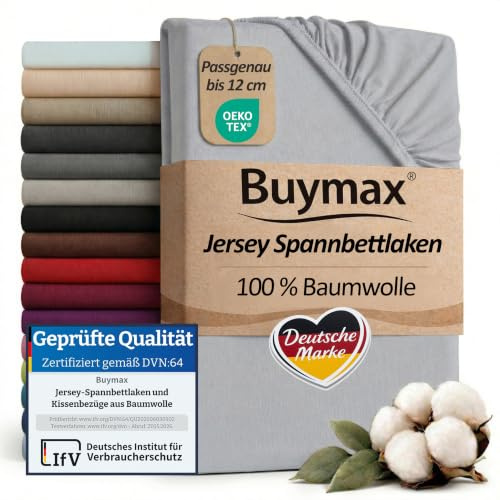 Buymax Topper Spannbettlaken 200x200 cm Spannbetttuch 100% Baumwolle Jersey für Matratzentopper bis 12 cm Matratzenhöhe Bettlaken für Boxspringbett Topper, Silber