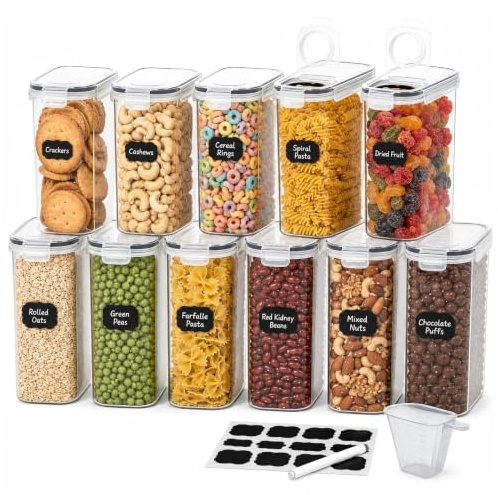 11 Pack Cereal & Dry Food Storage Containers with Lids, 6 x 4L + 5 x 2.5L | Airtight Food Storage Containers with Pour Spouts, Labels, Marker & Measuring Cup for Flour, Sugar, Rice and Pasta