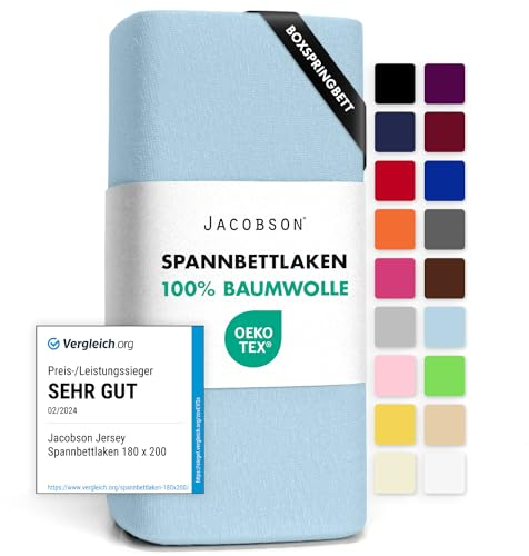 Jacobson Jersey Spannbettlaken Spannbetttuch Baumwolle Bettlaken (140x200-160x220 cm, Hellblau)