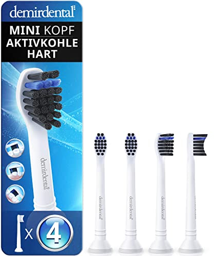 4er demirdental Mini Aktivkohle Aufsätze passend für Philips Sonicare Ersatzbürsten, kleine Bürstenköpfe für punktgenaue und natürliche Reinigung, Weiß, Hart, entspricht HX4084