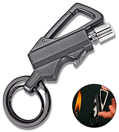 Feuerstein Metall Streichhölzer Feuer Anlasser und Flaschenöffner Autoschlüssel Ring Kerosin füllbar Feuerzeug Geschenk männlich weiblich im Freien Notfall (Kerosin nicht enthalten) (Schwarz)