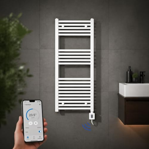 Eléctrico Radiador Toallero, Blanco y Cromo, con Control de App, Radiador Eléctrico, Elektrobadheizkörper, Secador de Toalla, Eléctricamente, Calefacción - Blanco/Doblado, 1175h x 750b