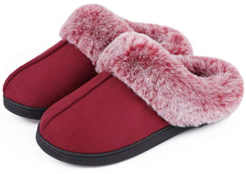 VeraCosy Women's Classic Suede Memory Foam Slippers Anti-Skid Scuff with Warm Faux Fur Collar, Wine Red, 5/6 UK