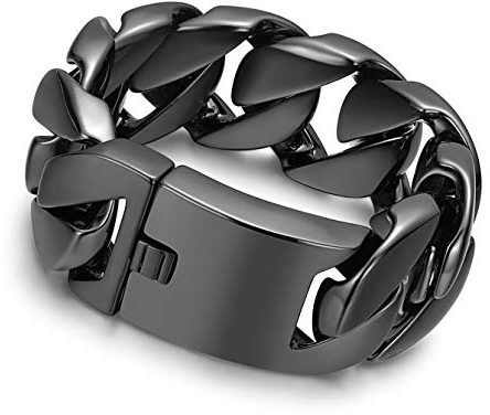 ROWIN&CO Armband Herren Panzerkette Schwarz, Hip Hop Schmuck Armband für Männer Jungen, Große Armkette Armbänder, Schwer Glieder Kubanische Kette Edelstahl, 32mm/298g.