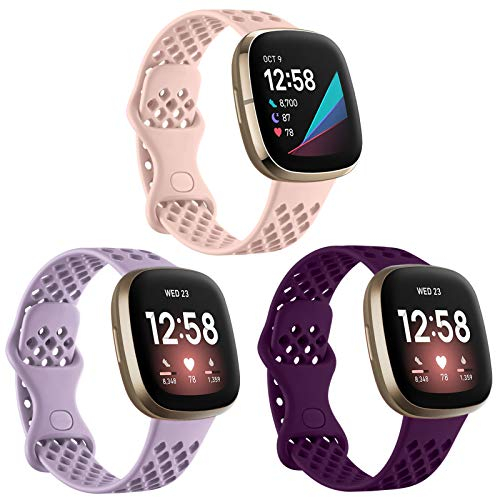 Ouwegaga Kompatibel mit Fitbit Versa 3/Fitbit Sense Armband, Weichem Silikon Sportarmband Ersatz Armband Kompatibel mit Versa 3/Sense für Damen Männer, Klein Pink/Lavendel/Pflaume