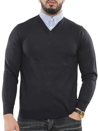 NOROZE Men's Jumper Mock Collar Knitted V-Neck Plain Classic Sweater Pullover Knitted Sweatshirt (XL, Navy)