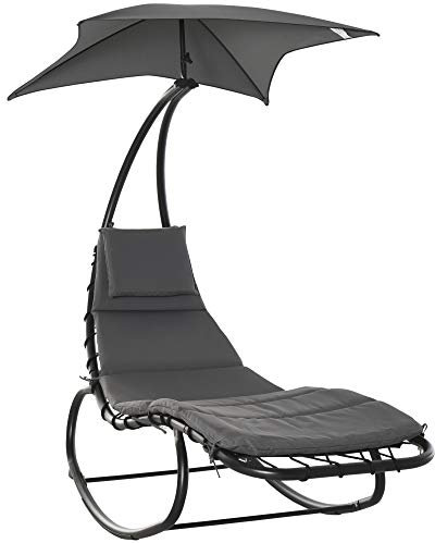 Outsunny Patio Rocking Chaise Lounge Rocking Bed with Canopy Cushion Headrest Pillow