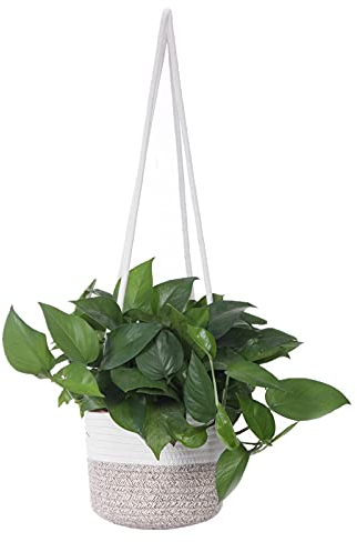 Panier de fleurs à suspendre en corde de jute tressée pour plantes d'intérieur jusqu'à 17,8 cm - Décoration d'intérieur (blanc et marron)
