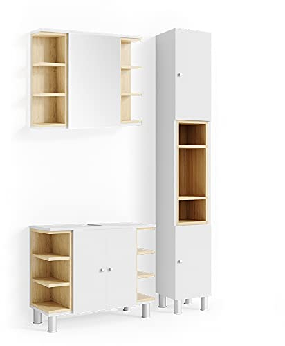Vicco Badmöbel-Set Aquis, Badezimmerschrank-Set, Weiß/Sonoma, 3 Teile, mit Hochschrank