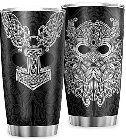 Zbbfwu Wikinger Keltischer Hammer Odin Kaffeebecher to go Thermobecher Edelstahl Auslaufsicher Kaffeetasse Reisebecher white2 600ml