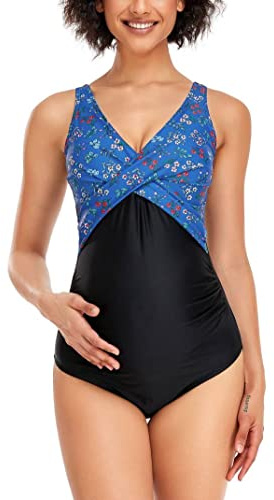 SUMMERSUNSHINE Maillot de bain une pièce de maternité croisé sur le devant - Maillot de bain de grossesse - Bikini de maternité, Bleu floral noir, Taille L