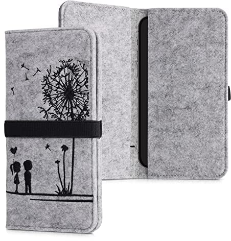 kwmobile Filz Tasche für Smartphones - mit Gummiband - Handy Filztasche Schutztasche Pusteblume Love Schwarz Hellgrau - 17,2 x 8 cm Innenmaße