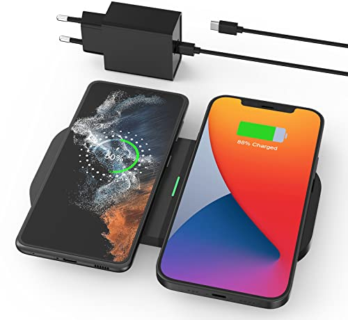 JoyGeek 2 IN 1 Wireless Charger, 15W Max Induktive Ladestation für iPhone 16/15/14/13/12/11/XR/X/8, Schnelle Kabellose Ladepad mit Adapter für Samsung Galaxy S25/S24/S23/S22, Air Pods 4/Pro 2/3/2