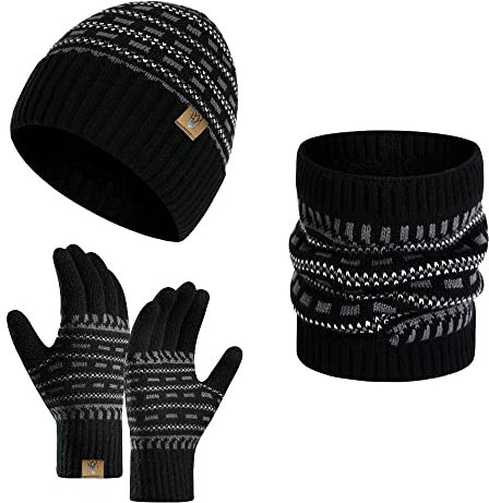 INSISMY Mütze Schal Handschuhe Set für Herren Strick Wintermütze Herren Touchscreen Handschuhe und Halswärmer mit Warmes Fleecefutter