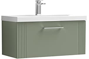 nuie DPF896D Deco Modern Bathroom Wall Hung 1 Drawer Part Fluted Vanity Basin Unit with Thin-Edge Ceramic Basin, 800mm, Satin Green