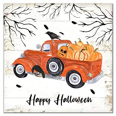 Happy Halloween Pumpkin Orange Truck Wooden Signs Rustic Gnome Crow Tree Wall Plaque Halloween Boo Wall Decor Farmhouse Rustic Wooden for Bedroom Living Room Wall Kitchen Home 12x12in
