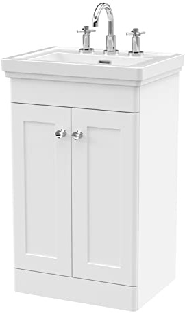 nuie CLC123B Classique Traditional Bathroom Floor Standing 2 Door Vanity Basin Unit with 3 Tap Hole Fireclay Basin, 500mm, Satin White