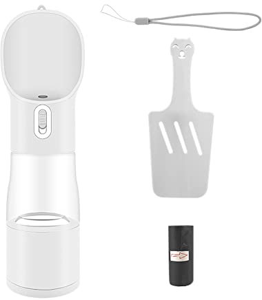 Jikoiuty - Botella portátil para perro, botella de viaje, 4 en 1, impermeable, para perro, con recibidor de alimentos, y bolsa de basura (gris)