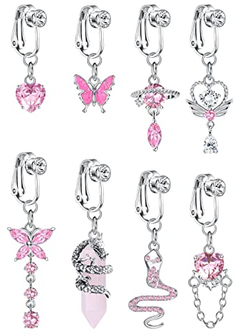 Kakonia 8Pcs 14G Faux Piercing Nombril Acier Chirurgical pour Femme Serpent/Coeur/Papillon/CZ Clip sur Piercing Nombril Dangle Non Percé Faux Piercing Bijoux