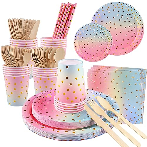 ZEEREE Vajilla de Fiesta, 175 piezas Puntos Set de Juego de Platos y Cubiertos, Cubertería de Cartón Vasos y Servilletas para Cumpleaños,Aniversarios (25 Invitados) (Rose Pink) (PARTYTZ)