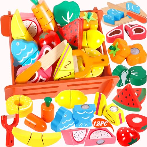 ENCOUN Kinderküche Zubehor Holz, Spielküche Zubehörl, Küchenspielzeug Holz mit Klett-Verbindung, Montessori Spielzeug ab 1 2 3 Jahr, Holzspielzeug Küche für Lernspielzeug Rollenspiele Geschenk