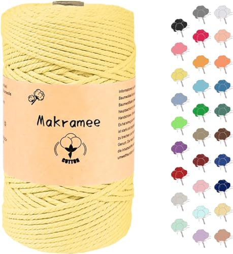 Uvolo 3mm x 200m Makramee Garn, Baumwollgarn, Macrame Kordel für Basteln, Pflanzenbügel-Hellgelb
