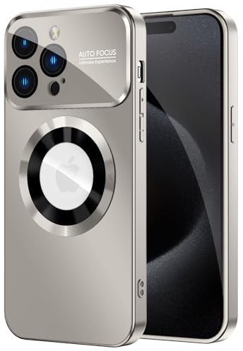 MAKAVO Magnetic for iPhone 15 Pro Max Case, Compatible with MagSafe, Built-in Camera Lens Protector, Logo View, Military Grade Drop Proof Phone Cover, Titanium Gray