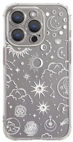 CHEORFAY iPhone 15 Pro Case, Clear Transparent Flexible Soft Silicone TPU Bumper Buffer Shockproof Protective Cover with Fantasy Astrology Pattern Design for iPhone 15 Pro - Moon Star