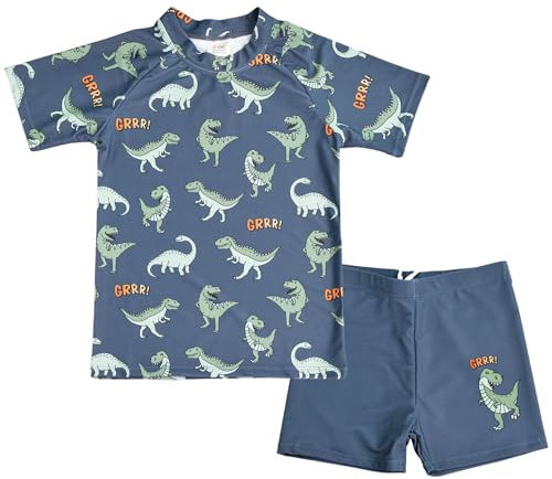 A2Z 4 Kids Boys Girls 2-Piece Swimming Costume Rash Guard Top & Swim Shorts Set - SW Set 871 Dinosaur 7-8