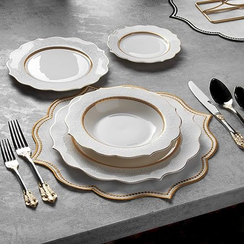 Luxury White and Gold 24 Piece New Bone China Dinnerware Set for 6 People | Dinner Plates, Soup Plates, Dessert Plates, Small Plates | Crockery Dinner Service Set by Konigtum | KOV-MP