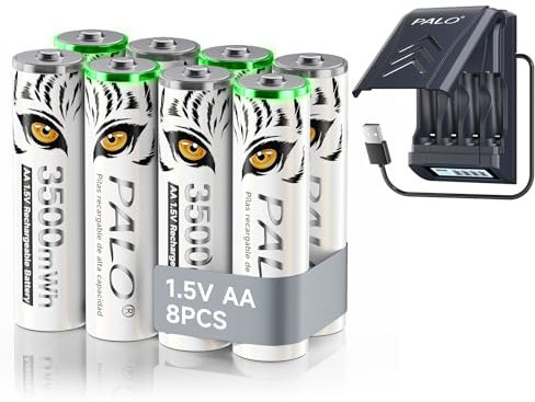 Mspalocell 3500mWh 1,5V batería de Litio AA Recargable con Cargador, 1,2V Ni-MH/1,5V batería de Litio AA Cargador rápido, Cable USB Incorporado LCD Cargador Inteligente, 8 Pilas AA